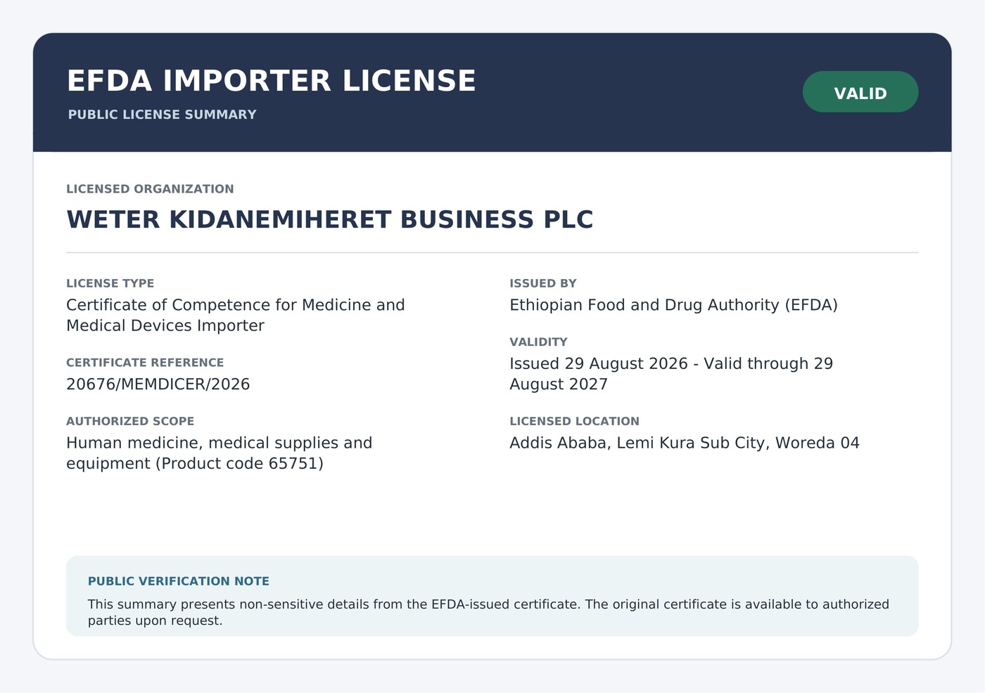 EFDA Importer License public summary for Weter Kidanemiheret Business PLC — Certificate of Competence for Medicine and Medical Devices Importer, Reference 20676/MEMDICER/2026, valid 29 August 2026 to 29 August 2027