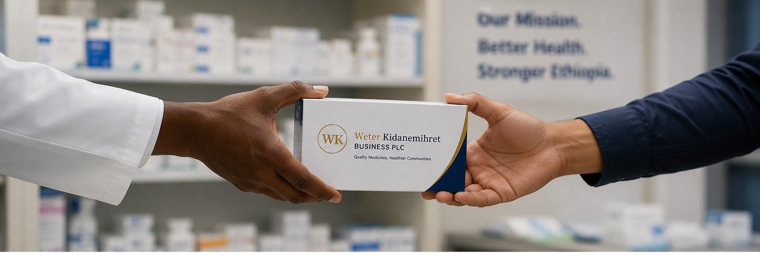A pharmacist hands a Weter Kidanemiheret branded medicine box to a customer — Our Mission. Better Health. Stronger Ethiopia.